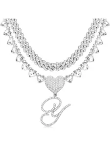 2 Pcs Cursive Silver Initial Pendant Necklaces Alphabet Pendant Choker Necklace Miami Cuban Link Chain Necklace for Women Fashion Necklace Heart Design Necklace Heart Iced Out Bling Letter Chain with Pendant Hip Hop Jewelry Gift Y