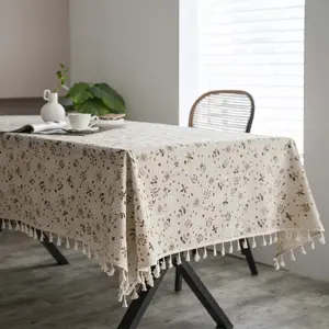 1pc French Farmhouse Style Tassel Rectangular Tablecloth, Polyester Knitted Floral Print Dust Cover, for Dining Room, Kitchen, Tea Party, Wedding - Christmas Holiday Decor
