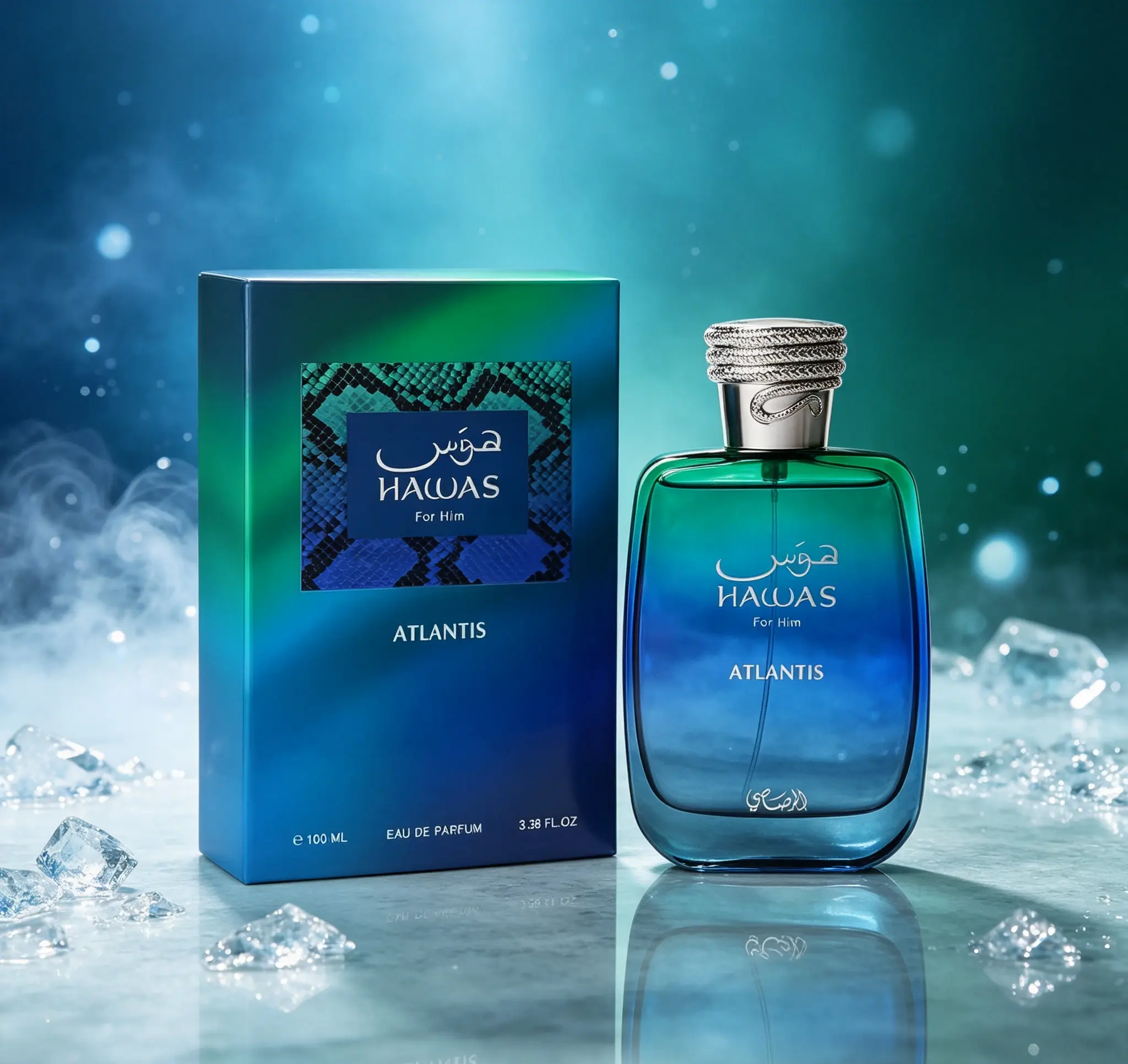 Hawas For Him Atlantis Eau de Parfum for Men 3.38 fl oz 100ml Long Lasting Fresh Modern Masculine Cologne Spray, Clean Aquatic Daily Fragrance for Work Travel & Outdoor, Luxury Arabian Gift for Men