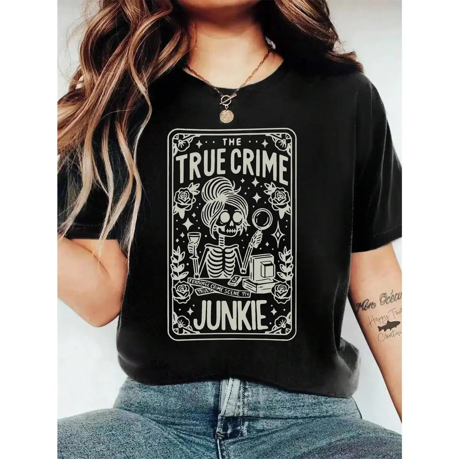 Skeleton Girl Letter Slogan Round Neck Short Sleeve Women T-Shirt