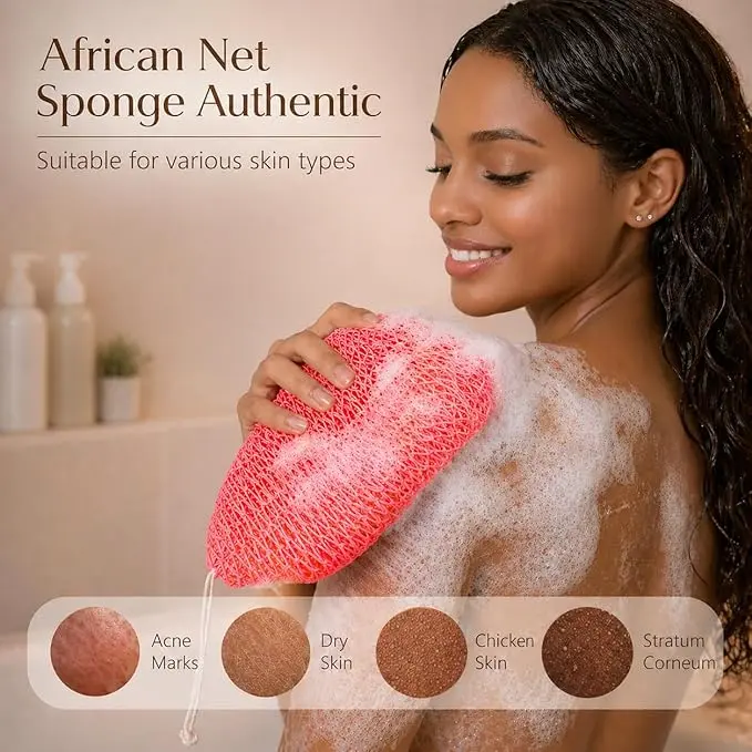 African Net Sponge Authentic with Knots - Exfoliating Body | Scrubber for All Skin Types, African Bath Sponge, Wash Cloth, Gentle Exfoliation Shower Rag for Women Daily Use