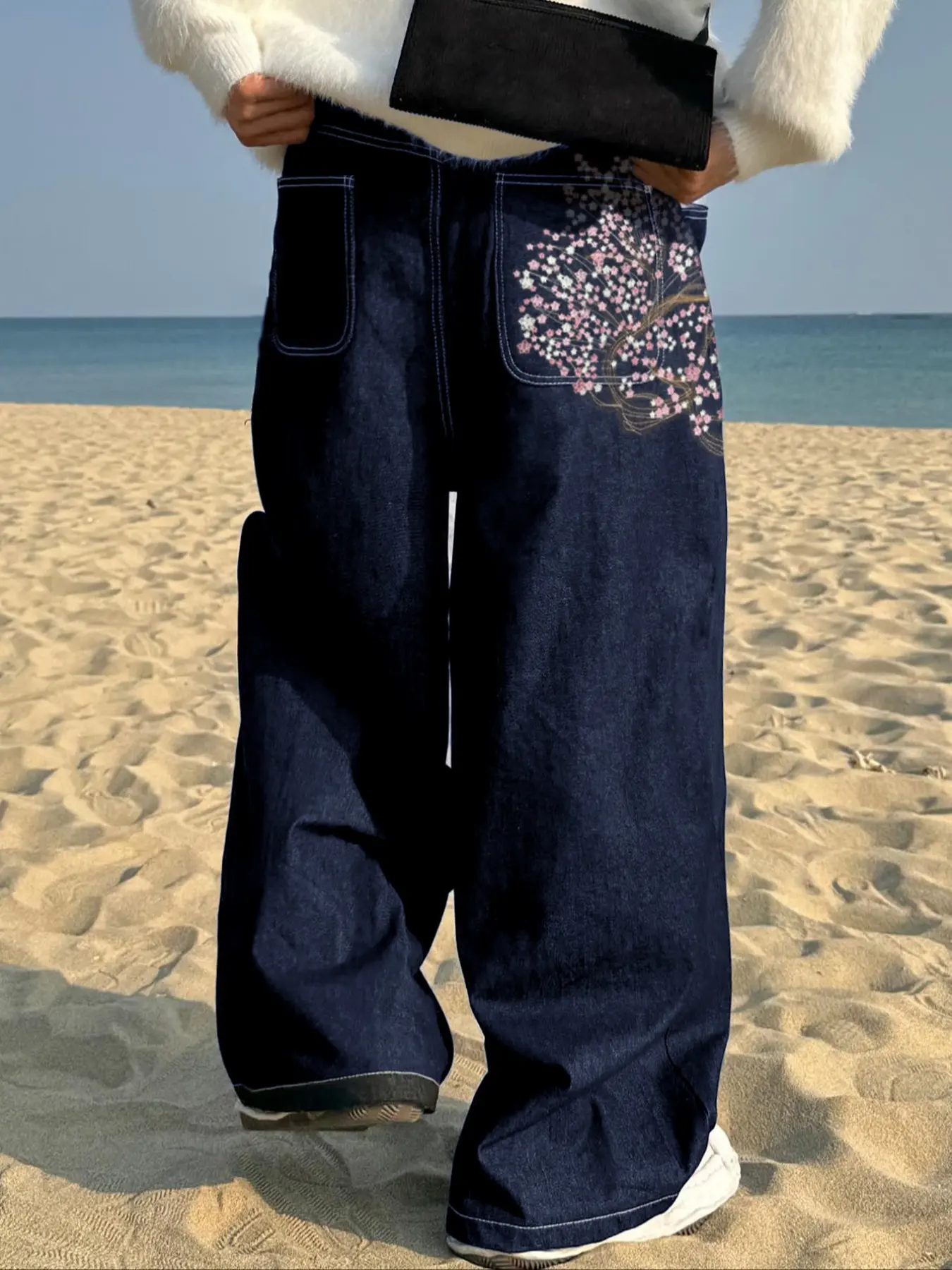 Men's Vintage Y2K Style Aesthetic Loose Wide Leg Jeans, Floral
