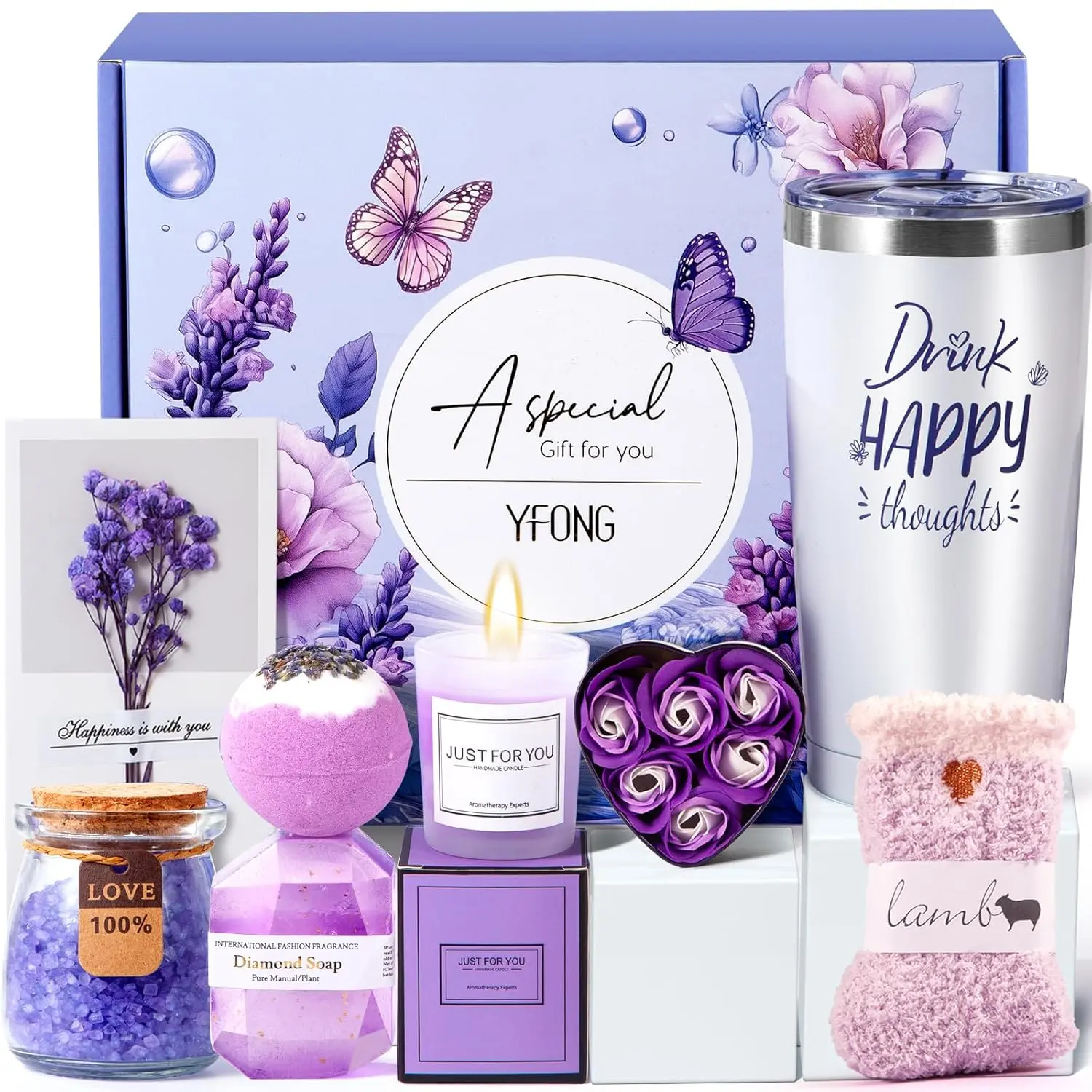YFONG Mothers Day Gifts for Mom Wife Grandma Daughter Friends Sister, Easter Basket, Happy Birthday Gifts for Women Her Friend Sister, Self Care Gift Get Well Relaxing Spa Gift Basket Set - Lavender
