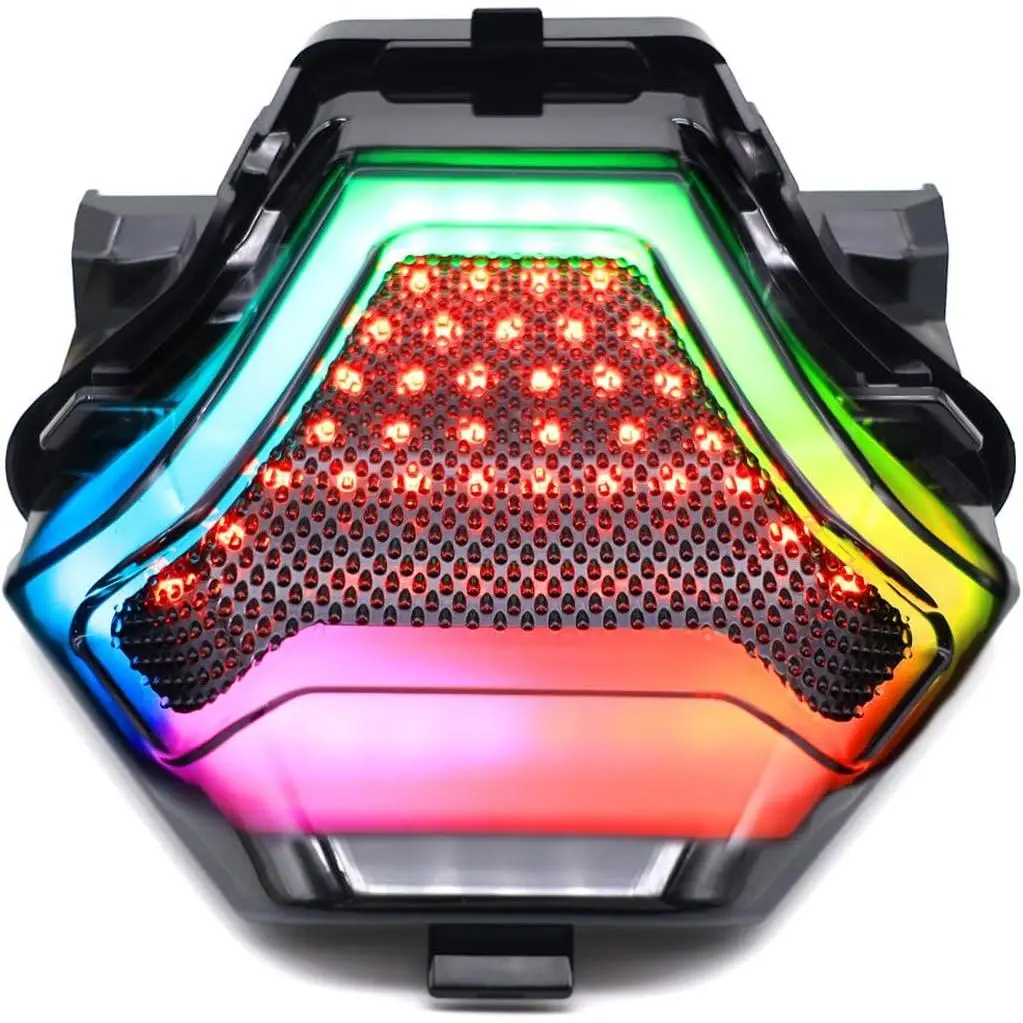 Adjustable RGB Motorcycle Tail Light Kit - Sturdy Scratch-Resistant Plastic, 155x160mm Integrated Design Brake & Turn Signals, Wireless APP-Controlled Color-Changing LED Accessory for YAMAHA Yzf R3 R25 Mt07 Fz07 LC150 (Not Fit for 2025 Models, Unisex Use)