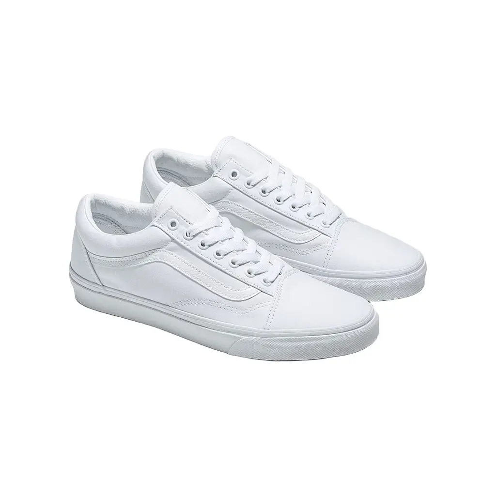 VANS Old Skool Classic Low-Top Men's Lace-Up Skate Style Shoes - True White, Plain, Laced Closure, Round Toe, Durable Suede Canvas Uppers, Casual Trainers, Rubber Waffle Sole, All-Season Athletic Footwear