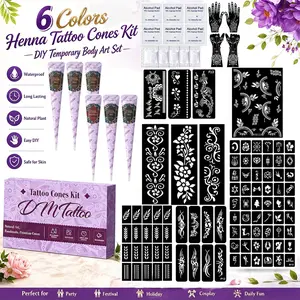 Creative DIY henna tattoo paste set with vibrant colors. Various stencils for diverse designs. Mild skin-friendly texture, waterproof lasting color, add charm to festive dressing styles.