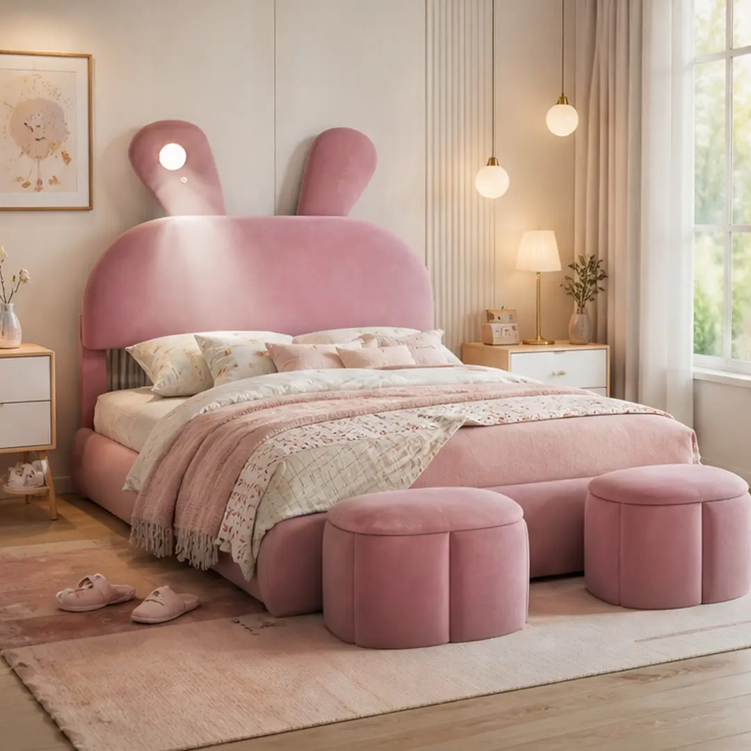 Pink Velvet Full-Size Arch Upholstered Platform Bed Frame - Playful Cartoon Ears Headboard, LED Light, Wooden Construction, No Box Spring Needed, Storage Stools, Assembly Required, Kids Bedroom Set, Indoor Furniture Decor, Wooden Bed Frame, Upholstered Be