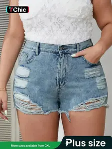 【Plus Size】 Size Distressed Hem Denim Shorts, Casual Button Fly Short Jeans for Daily Wear, Women's Bottoms for All Seasons
