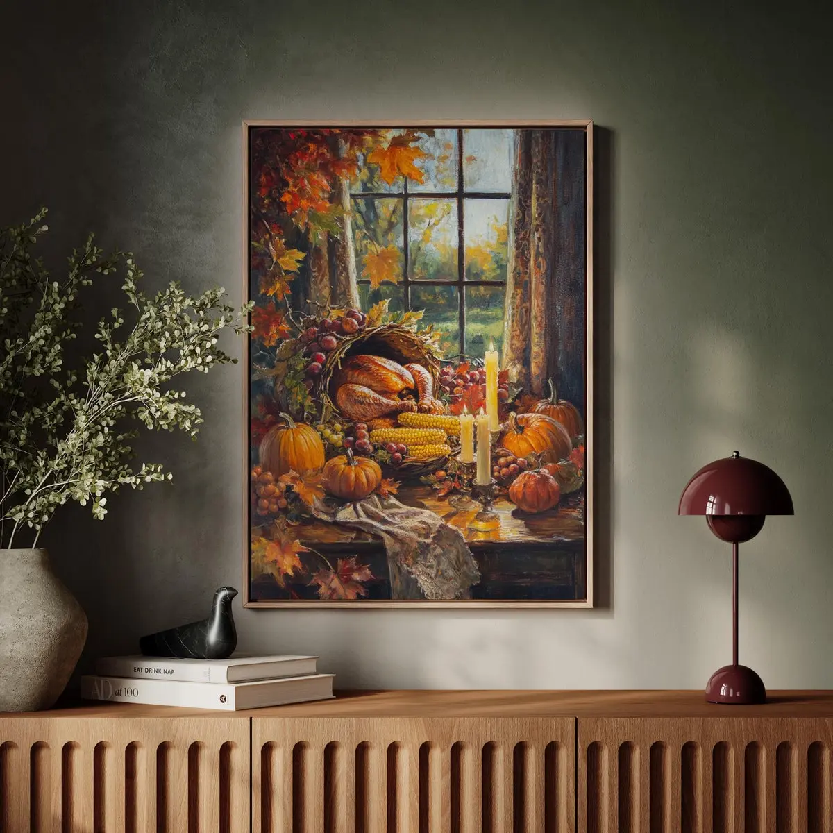 Cozy Autumn Wall Art, Thanksgiving Harvest Poster with Turkey & Pumpkins, Unframed | 5 size, 8x12 to 27x40 inch