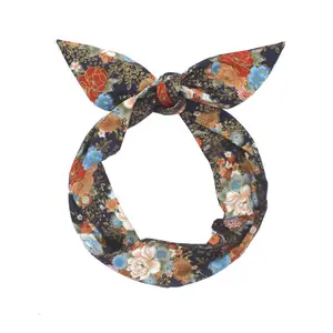 JuneStudioDesign Extra Long Wide Wired Cotton Pattern Headband|Tie Knot|Twisted|Fabric|Dolly Bow|Turban|Hair Bun|Ponytail Scarf|Braid Scarf|Hair Wrap|Vintage|Art Retro|Fuji