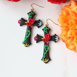 Floral Cross Earrings - Stainless Steel, Floral Design with Red and Green Accents, Elegant and Graceful Style