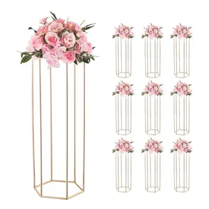 Gold Hexagonal Cubic 10-Piece 31.5-Inch Column Flower Stand Set, Floral Display Rack With Acrylic Laminate, Elegant Centerpiece Stands For Wedding Ceremony, Reception, Party, Birthday Decor, Home Decor, Tall Flower Pillars