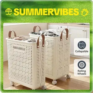 15.8/20 Gallon Large Capacity Collapsible Laundry Basket with Wheels Uncovered Faux Leather Solid Color Multi-functional Portable for Bathroom Balcony Storage,summervibes summerwins