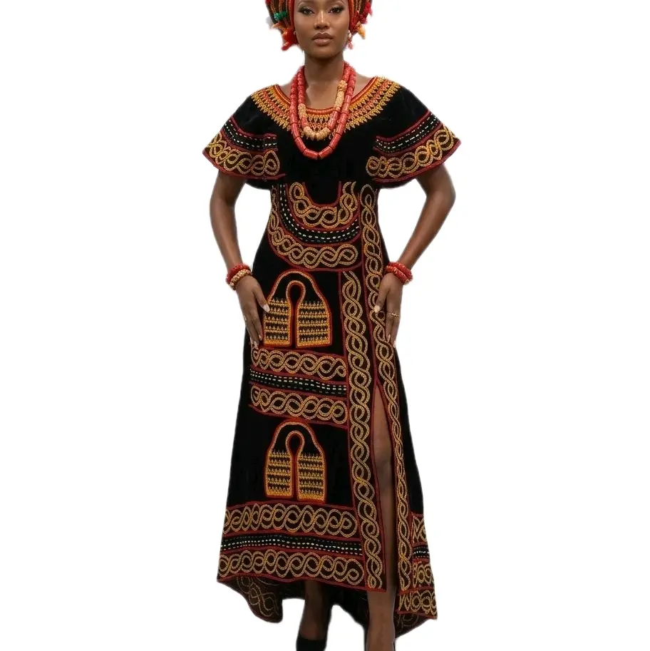 Women's Exclusive Fringed Toghu Dress - African Traditional Bamenda Costumes with Embroidery, Fits Most Sizes, Hand Wash or Dry Clean Only