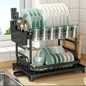 Double Layer Drain Rack with Tray Cup Holder and Utensil Hooks, Rust-Resistant Countertop Storage, Space-Saving Kitchen Organizer, Smooth