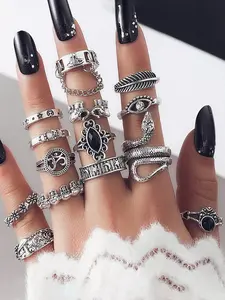 Boho Style Feather Flower Snake Star Moon Hollow Out Ring Set, Vintage Trendy Jewellery Accessories, 14 Pieces, All Seasons Wearable