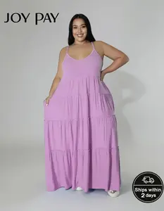 JOYPAY Plus Size Women's Sleeveless Tiered Long Dress - Vibrant Lavender, Adjustable Straps, Flowy Ruffle Design, Soft Breathable Comfortable Fabric, Casual Beach Wear, Good Fit