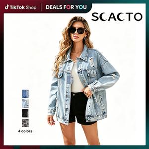 Scacto Vintage Distressed Denim Jackets for Women Summer Jacket Ripped Fringe Jean Jacket Casual Sleeve Pockets Jackets Coat Fabric Fashion Womenswear Soft button jacket All Season Outerwear Oversize