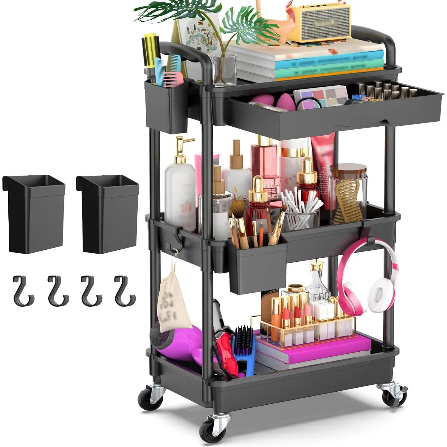 3 Tier Rolling Utility Cart Organizer with Removable Drawer,  and Sturdy Black Rolling Storage Carts with 2 Lockable Wheels for Bathroom, Kitchen, Snack, Craft, Makeup,  Essentials