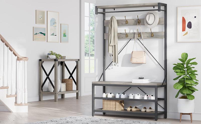 GARVEE Industrial Storage Shoe Bench, 72" Mudroom Hall Tree with 8 Hanging Hooks