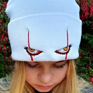 Unisex Horror Clown Eyes Knitted Beanie – Soft 100% Acrylic Winter Ski Hat, Red Accent Design, Warm Coldproof Headwear for Men & Women, Perfect for Halloween and Costume Parties