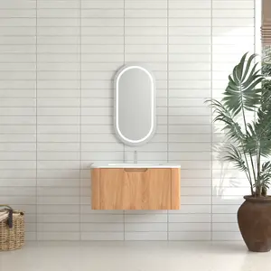 24" Wall-Mounted Floating Bathroom Vanity Pre-Assembled Curved Edge Storage Bathroom Cabinet in Natural Walnut Color with White Ceramic Basin