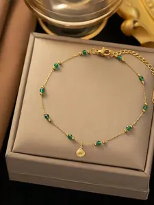 1pc Elegant And Vintage 18K Gold-Plated Stainless Steel Anklet, Decorated With Small Seashells And Green Plastic Beads. Suitable For Women To Wear In Daily Life Or On Vacation, Or As A Gift For Valentine's Day Valentines,Mom,Mother