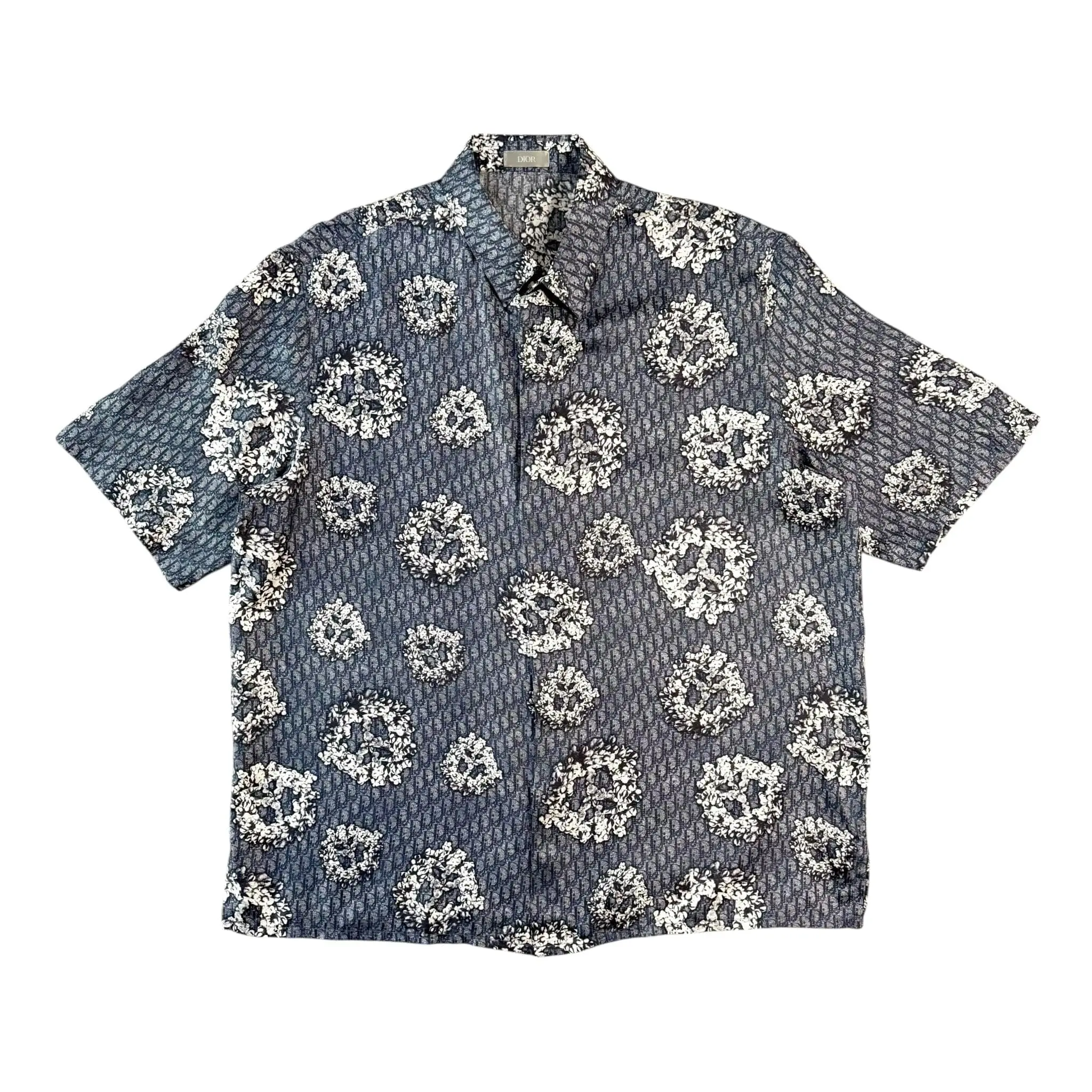 Dior x Denim Tears Oblique Wreath Logo Silk Button Up Shirt Blue