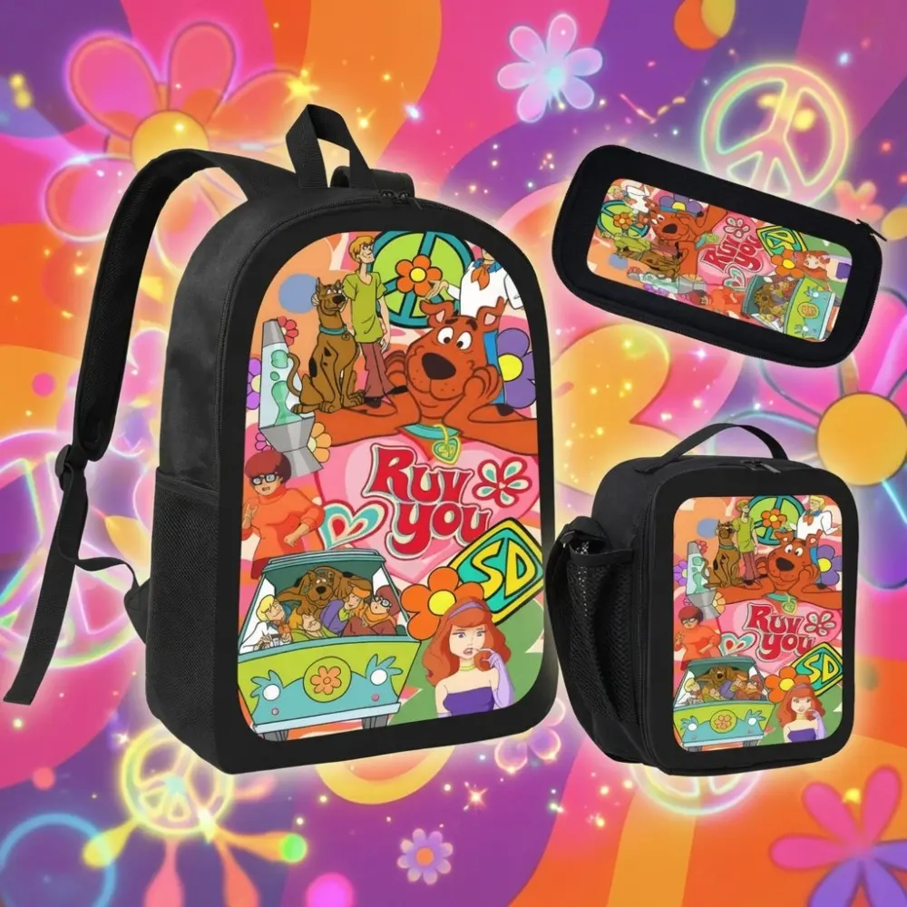 Kids' Retro Groovy Scooby-Doo 3-Piece Character-Themed Backpack Set - 17in Oxford Cloth School Bookbag with Lunch Bag, Pencil Case, Mystery Gang Floral Print Cartoon Art Gift for Fans