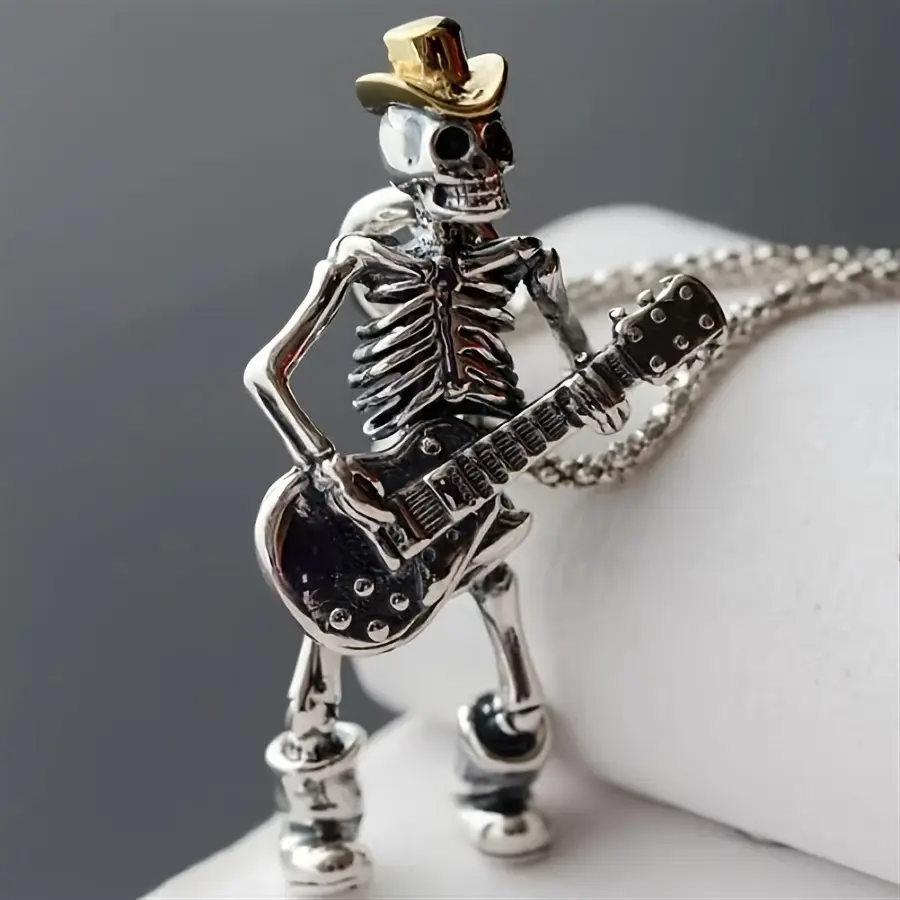 Unisex Adults' Equinox Bone Alchemy Forged Guitarist Pendant Necklace - Surgical-Grade Steel Chain Jewelry Necklaces for Stage Use, Riff-Ready Style & Unapologetic Edge