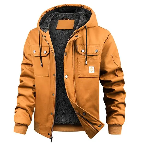 INVACHI Men's Heavyweight Sherpa Lined Workwear Jacket, Durable Cotton Winter Coat, Relaxed Fit with Hood, Tops, Fabric, Menswear, Durable Cotton Construction, Rib, Check Size Chart, Drawstring