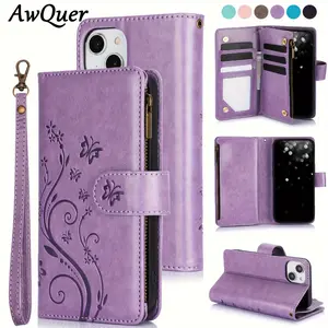 PU Faux Leather Wallet Case with a Butterfly Flower Design, Featuring a Zipper, Suitable for Various Iphone Models Including 16E, 16, 15, 14, 13, 12 Mini, 11 Pro, X, XS Max, XR, 8, 7 Plus, SE, And 5G from 2020 to 2022, Complete with a Lanya