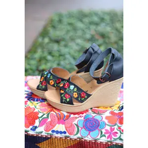 Aura Embroidery Wedges - Premium Leather Handcrafted in Mexico with Exquisite Floral Embroidery for All-Day Comfort