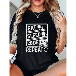 Women's Eat Sleep Code Repeat Stick Figure & Code Graphic T-Shirt Casual Daily Programmer Tee