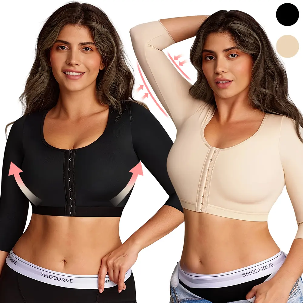 Women's Seamless Arm Shaper Bra - Post-Surgery Compression Long-Sleeve Corrector, Push-Up Shapewear with Check Design, Solid Fabric, Available in Black+Black/Nude+Nude, Note: Runs Small