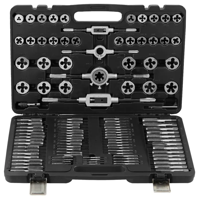 VEVOR 110-Piece Tap and Die Hand Tools Set, Metric M2-M18 Millimeters Sizes, HRC55-62 Steel Resists Harsh Use, Hex Die Even Force, Bearing Steel CNC Machined Handles, Internal/External Threading Tool, Complete Accessories & Storage Case, Hardware