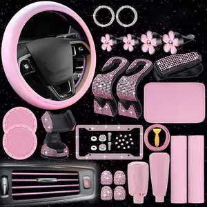 Women's Shiny Car Interior Set, Girly Car Interior Sets, 1 Set PU Leather Steering Wheel Cover Seat Belt Cover Armrest Box Pad, Rhinestone Phone Holder, License Plate Holder Hook, Glasses Holder, Flower Air Vent Clip