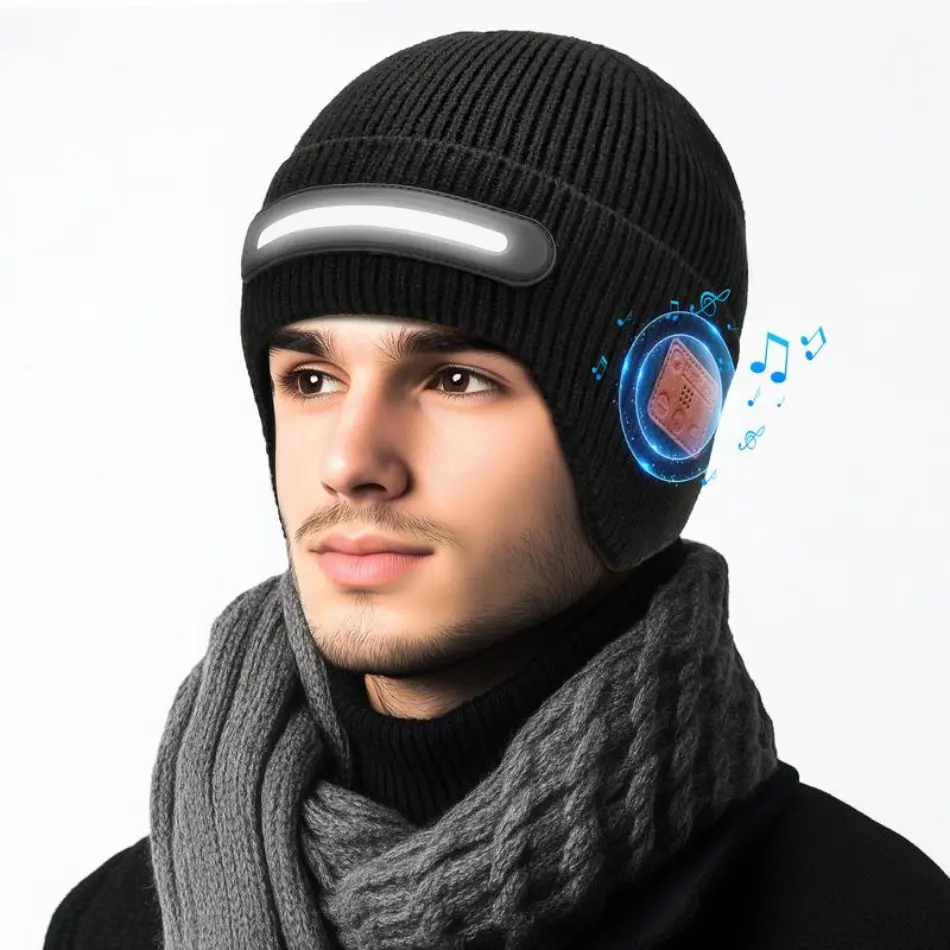 Bluetooth Beanie Hat with 3-Mode LED Light, Adjustable Knit Cotton Cap for Adults, USB-C Rechargeable for Skiing & Night Jogging, Adjustable Caps