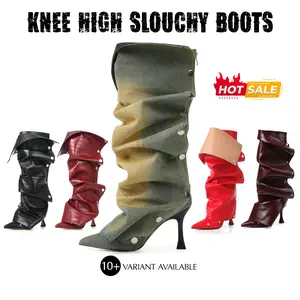 CYNLLIO Knee High Boots Women Pointed Toe Stiletto Heel Slouchy Boots Zipper Closure Slip on Silver Rivets Motorcycle Casual Wide Calf Dress Fall Winter Shoes