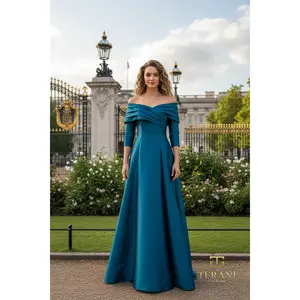 TERANI 261M6434 Dress Off-Shoulder Stretch Mikado A-Line Gown with Long Sleeves