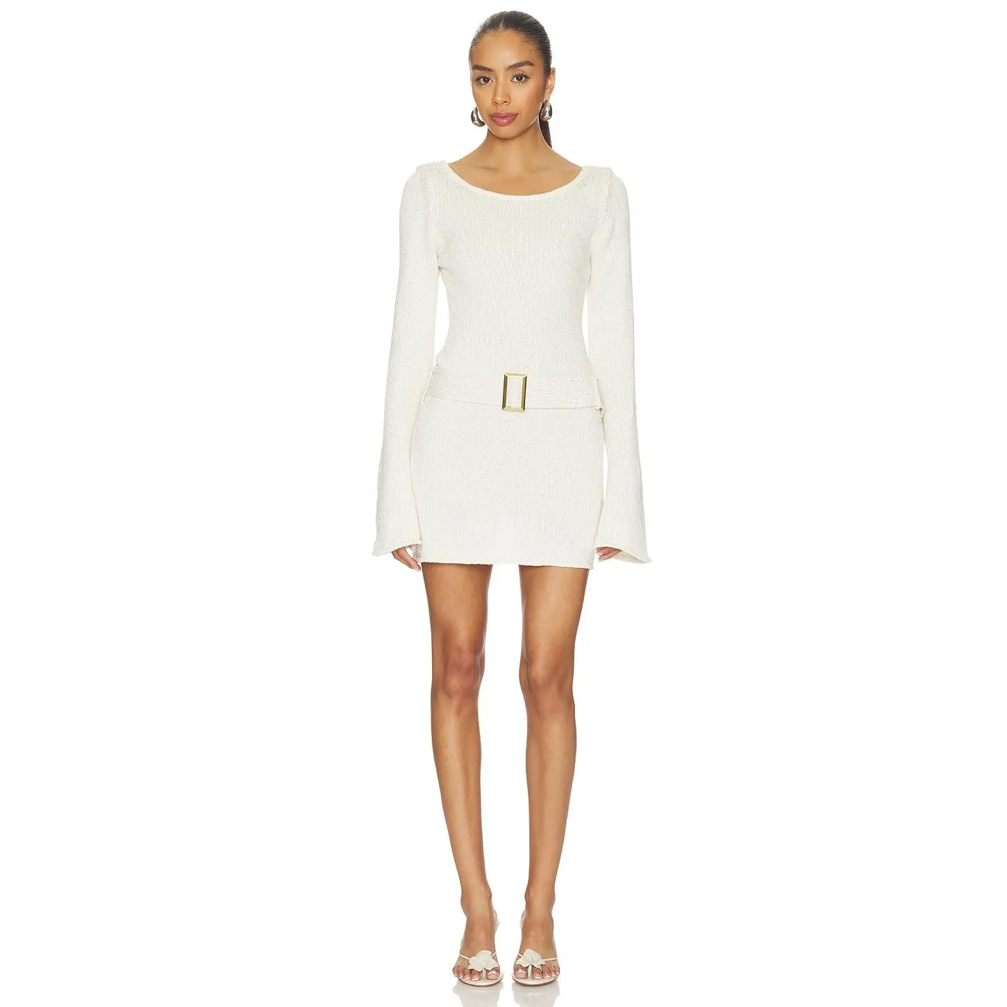 ASTA RESORT Maya Long Sleeve Mini Belted Dress in Star White Sequin