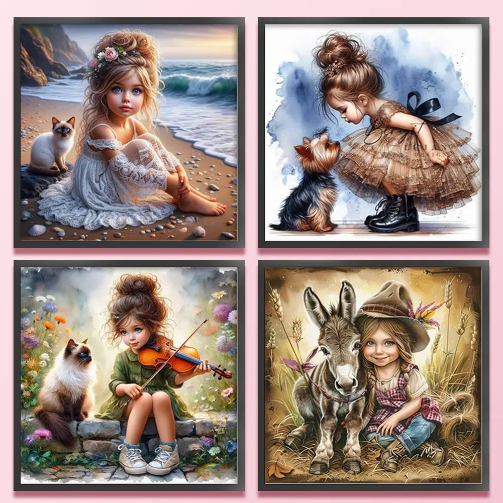Girl 4pcs 14CT Cotton Cross Stitch Kit - 40*40cm DIY Needlework with Manual, Embroidered Cloth, Guide Graphic, Embroidery Thread, Ideal for Home Decoration, Unique Gift for Loved Ones to Enjoy Pleasant Time & Gain Sense of Accomplishment