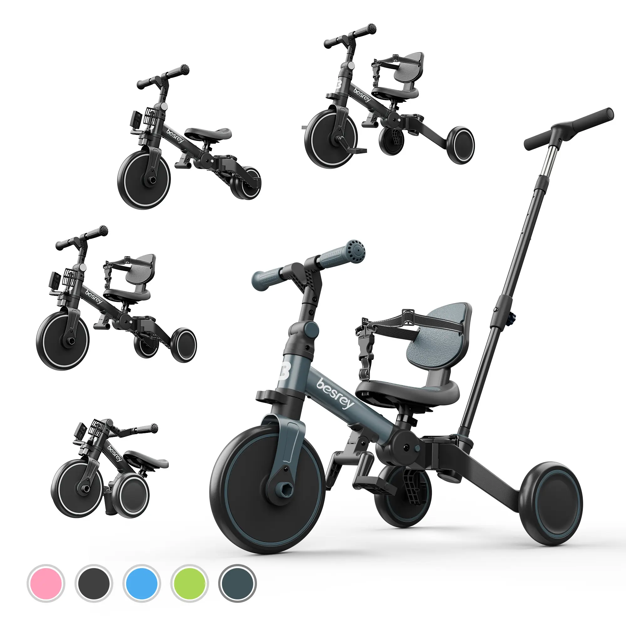 besrey 5 in 1 Toddler Bike for 1-3 Years Old with Parent Steering Push Pedals Removable Height Adjustable Seat Foldable Kids Bike Toys Multifunction Scooter Truck Motorcycle Durable