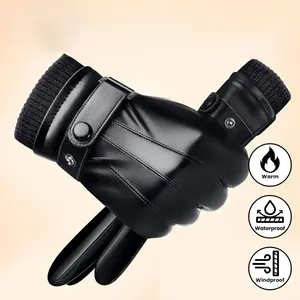 Faserton Men's Winter Cycling Gloves - Thick Velvet Lined Faux Leather, Windproof & Waterproof, Touchscreen Compatible for Motorcycle Riding & Outdoor Activities, Warm & Insulated with Elastic Cuff and Button Closure, Touchscreen Gloves | S