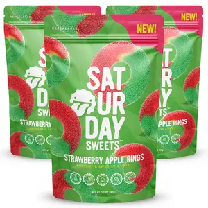 Saturday Sweets Strawberry Apple Rings | Authentic Swedish Candy & Naturally Colored | Low Calorie & Non-GMO, Gelatin Free, No High Fructose Corn Syrup | Resealable, Made in Europe, Swedish Style | Better-For-You, Healthy Snacks for Adults & Kids (3 Pack)