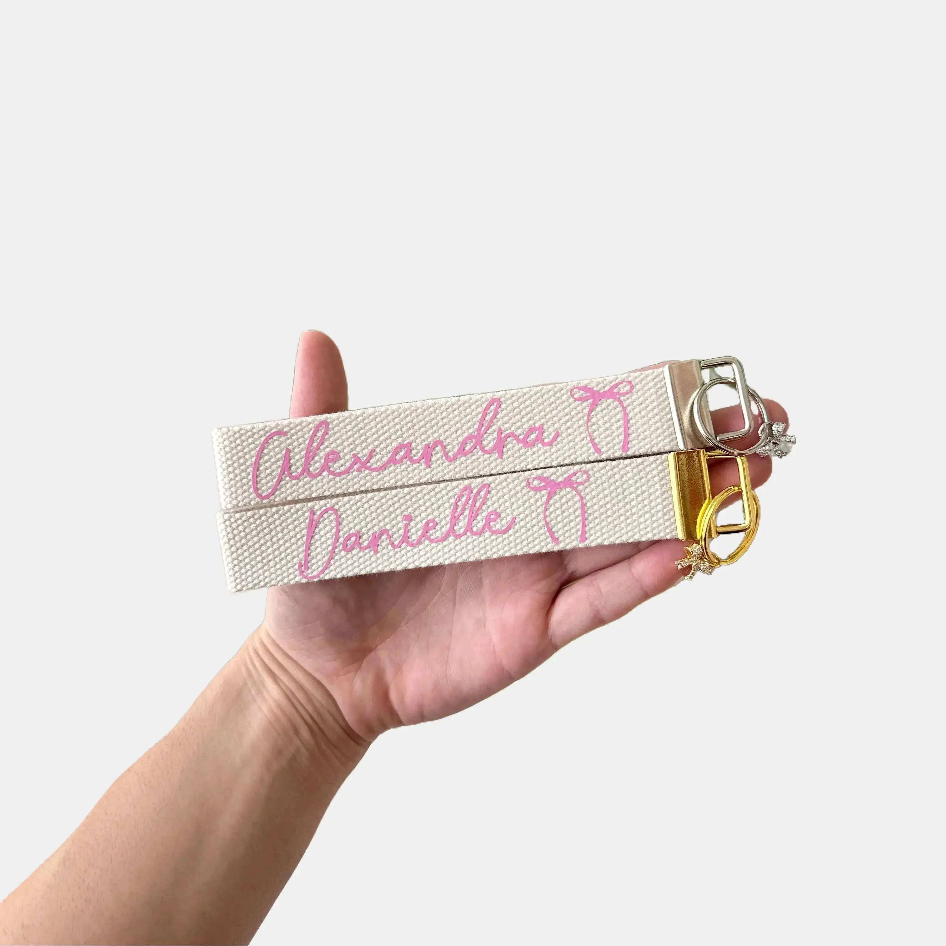Custom Name ID Bow Print Keychain Wristlet - Pink 100% Cotton & Vinyl, 6"x1" Stylish Fashion Accessory, Keychain for Car Keys & Wallets