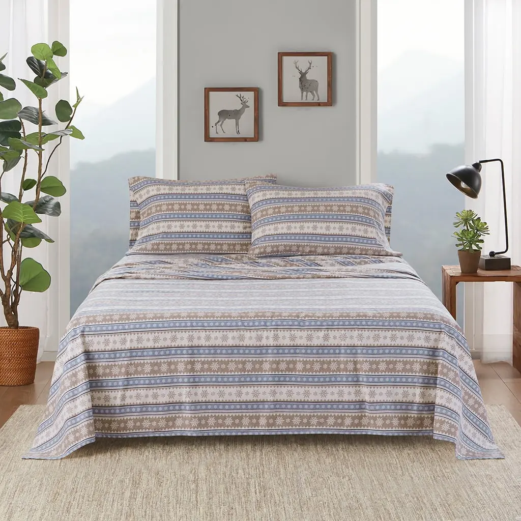 360 stand Full Size Cotton Flannel Sheet Set, 91x96x0.13in Blue Snowflake, Flannel Weave, Lodge Look, OEKO-TEX Safe, Machine Washable for Full Size Beds & Mattresses