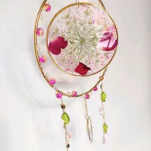 Pressed Flower Resin Suncatcher with Bead and Crystal Accents for Home Decor and Gift Oval Shape with Gold Frame and Colorful Beads