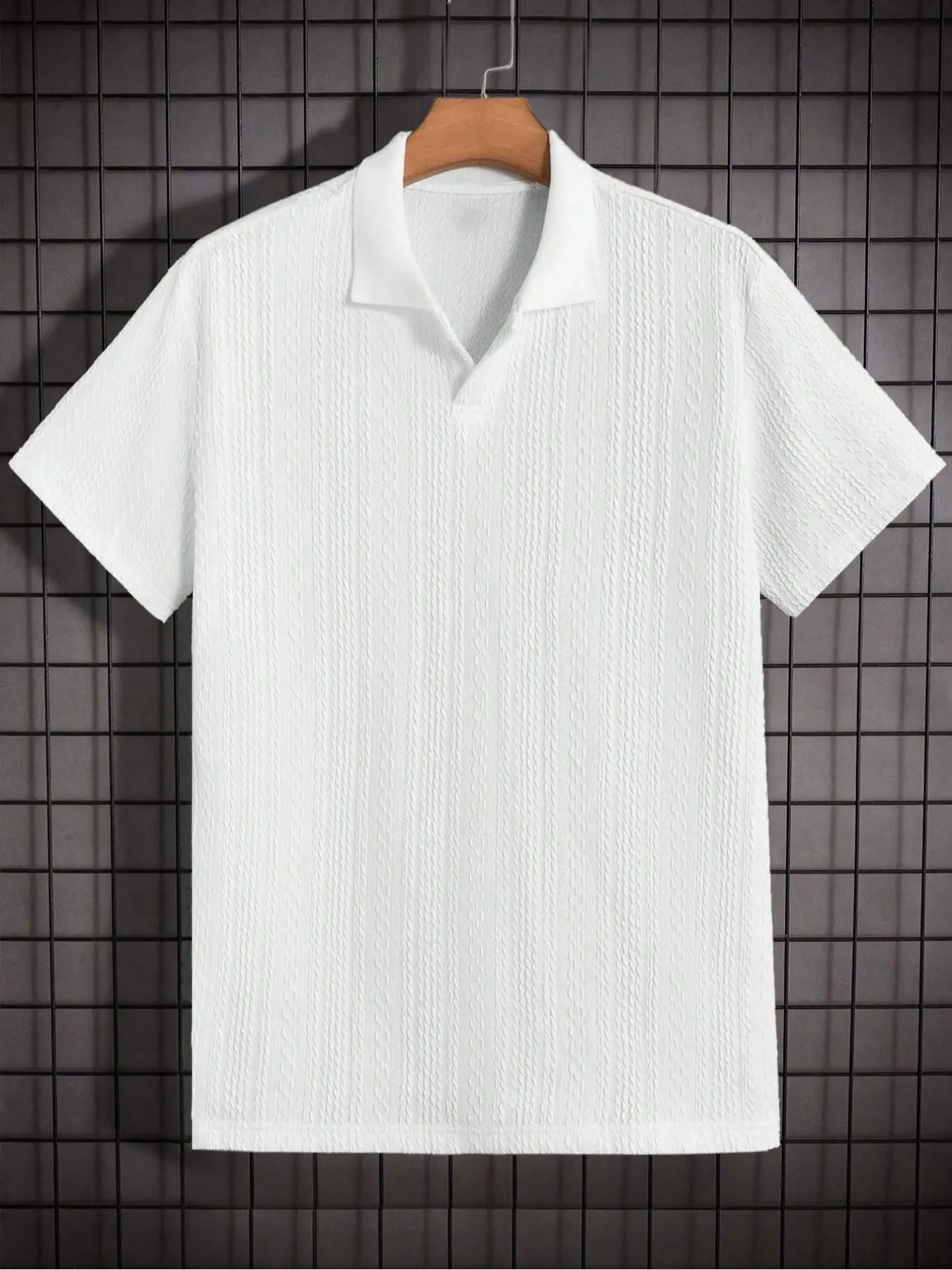 Men's Solid Jacquard Knit Polo Shirt, Regular Fit Casual Short Sleeve Collared Top for Summer, National Day Clothing, Fashion Men's Clothes for Daily Wear