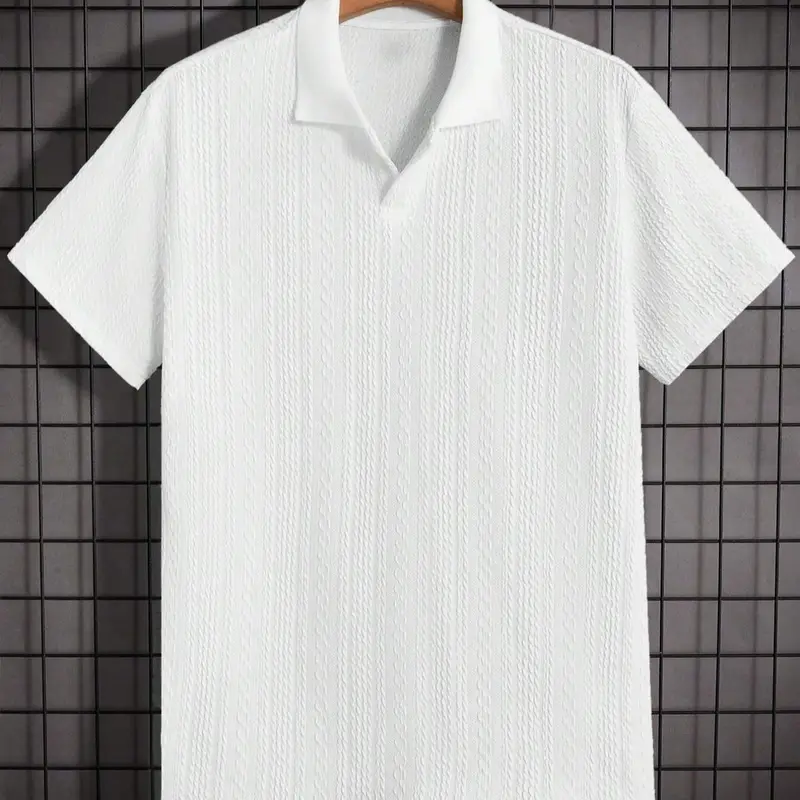 Men's Solid Jacquard Knit Polo Shirt, Regular Fit Casual Short Sleeve Collared Top for Summer, National Day Clothing, Fashion Men's Clothes for Daily Wear #GLOBAL PICKS